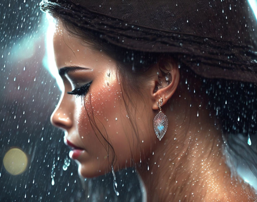 Woman in Brown Hat with Teardrop Earring in Rainy Weather