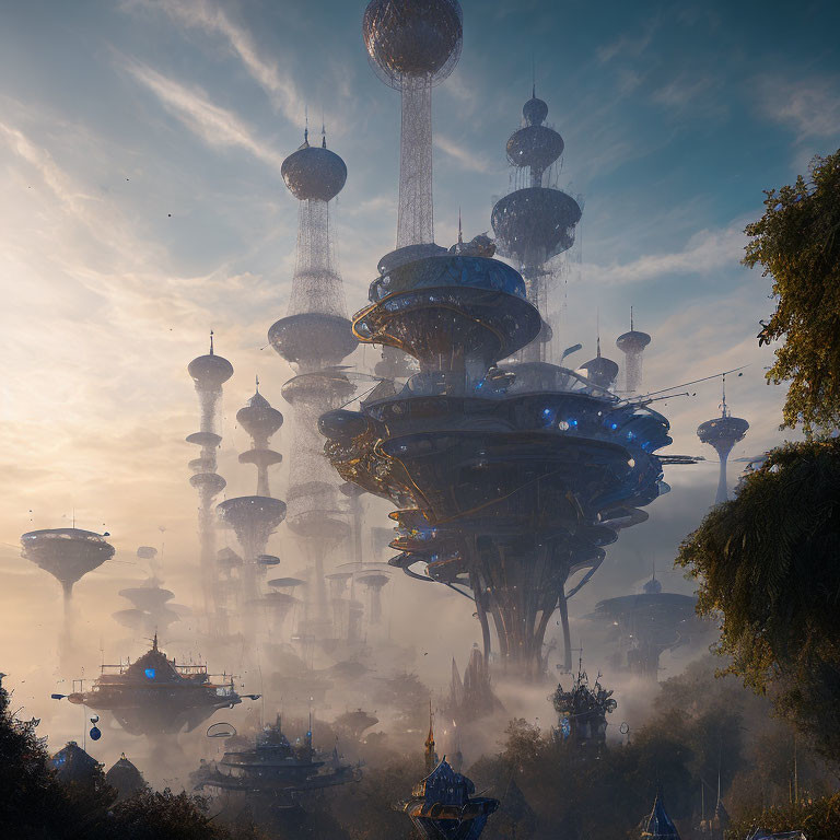 Futuristic cityscape with towering interconnected structures at sunset