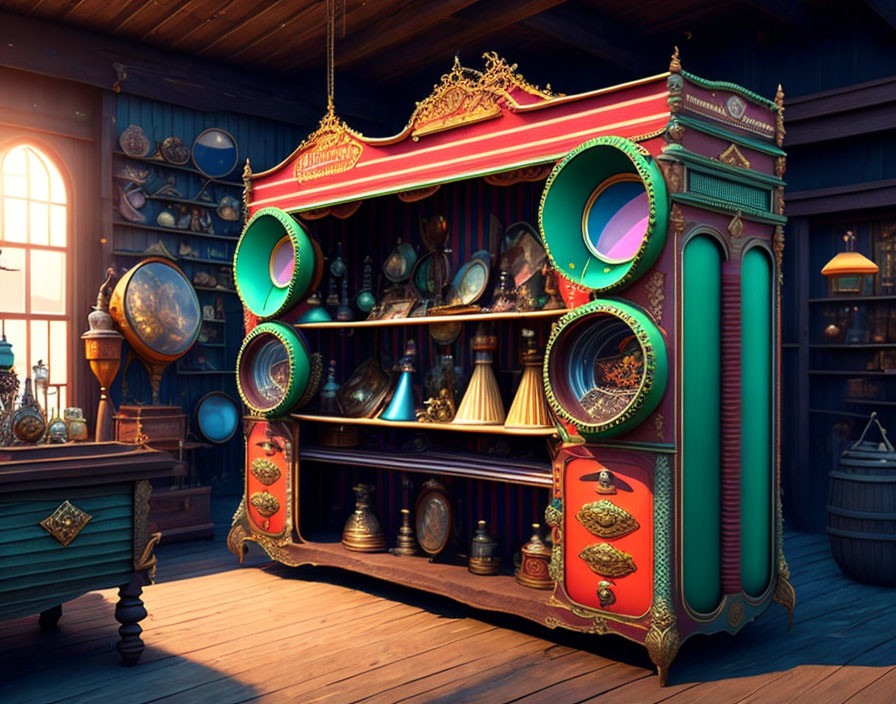 Vintage Organ in Wood-Paneled Room with Globes and Books