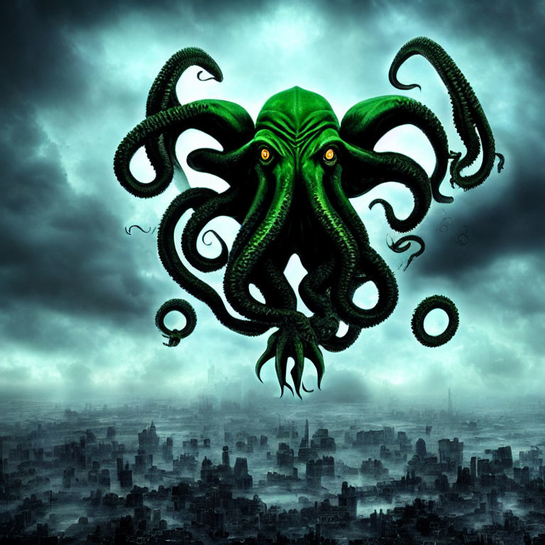 Gloomy cityscape with large green octopus creature