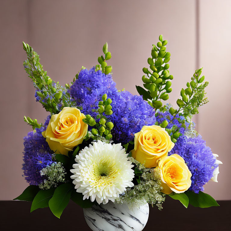 Colorful Flower Bouquet with Yellow Roses, White Chrysanthemum, Purple Statice,