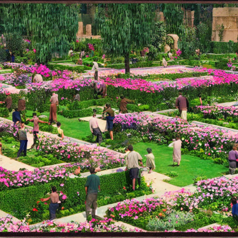 Lively garden scene with colorful flowers and greenery