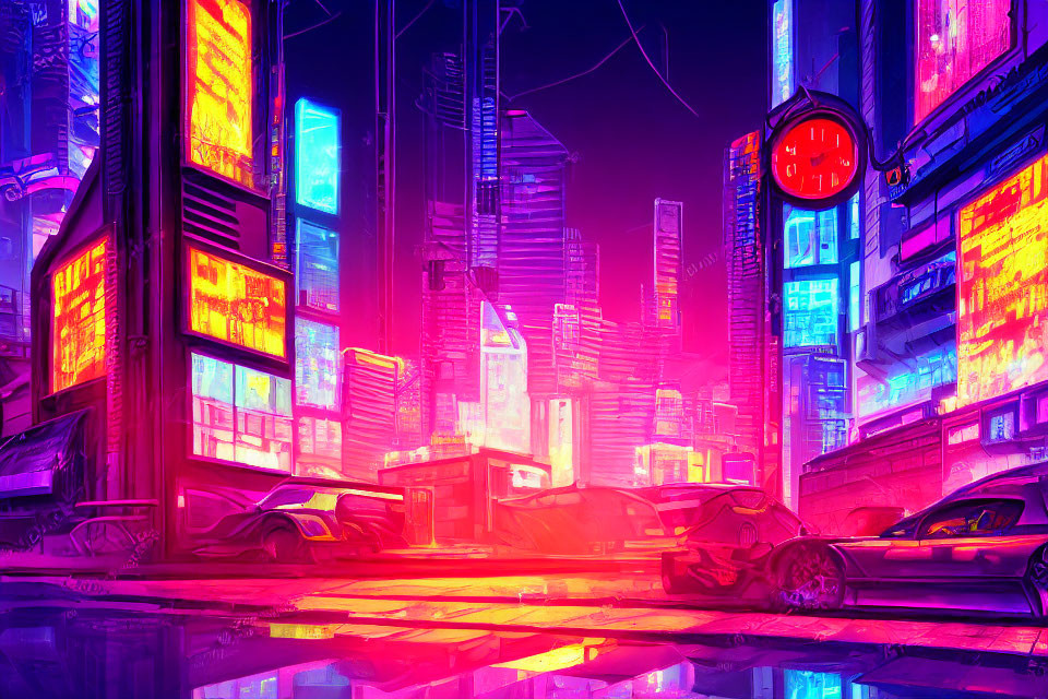 Futuristic cyberpunk cityscape with neon lights at night