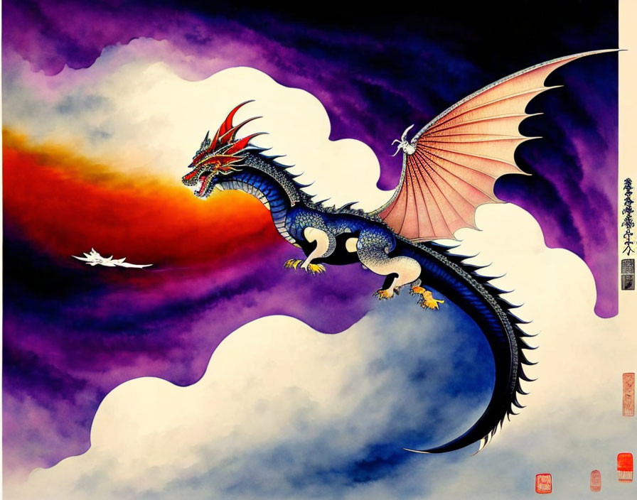 Traditional East Asian-style painting: Majestic dragon soaring among colorful clouds with sun in background