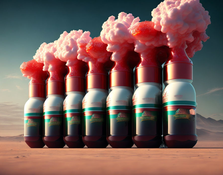 Seven explosive soda bottle-shaped objects on desert landscape