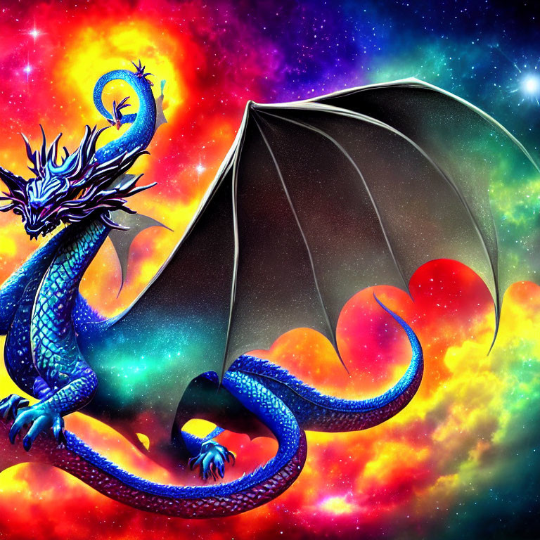 Blue dragon illustration with expansive wings in colorful nebula background