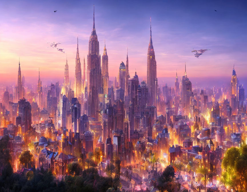 Futuristic cityscape at dawn with skyscrapers and flying vehicles