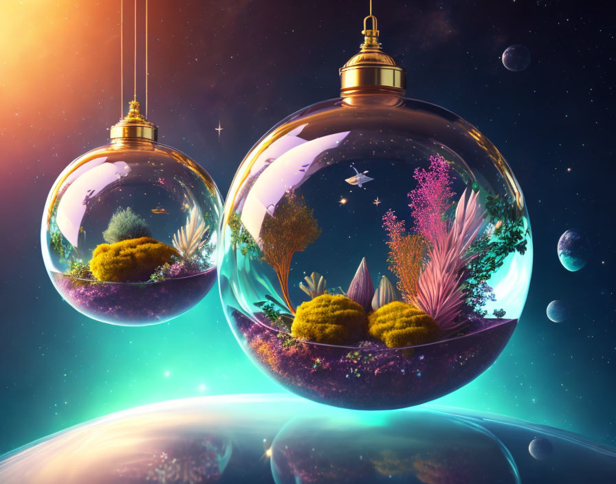 Vibrant miniature ecosystems in floating glass terrariums with cosmic backdrop