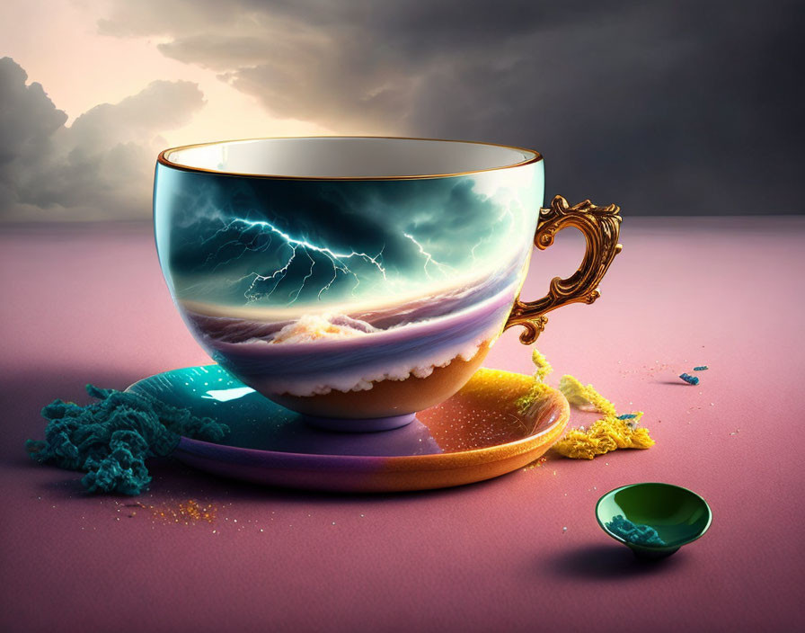 Surreal cup with stormy sea, lightning, clouds, and dreamy backdrop