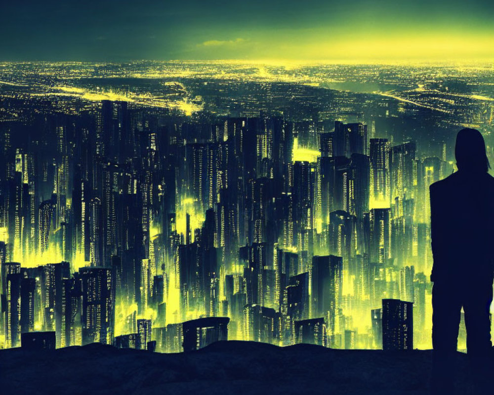 Person's silhouette gazes at glowing futuristic cityscape at twilight