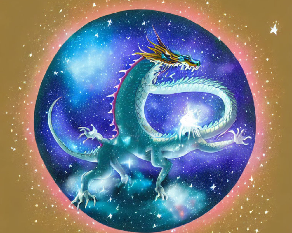 Colorful Asian dragon surrounded by cosmic background and stars on brown backdrop