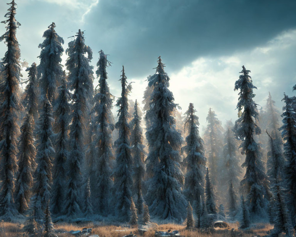 Frost-covered pine trees in dense forest under dramatic sky