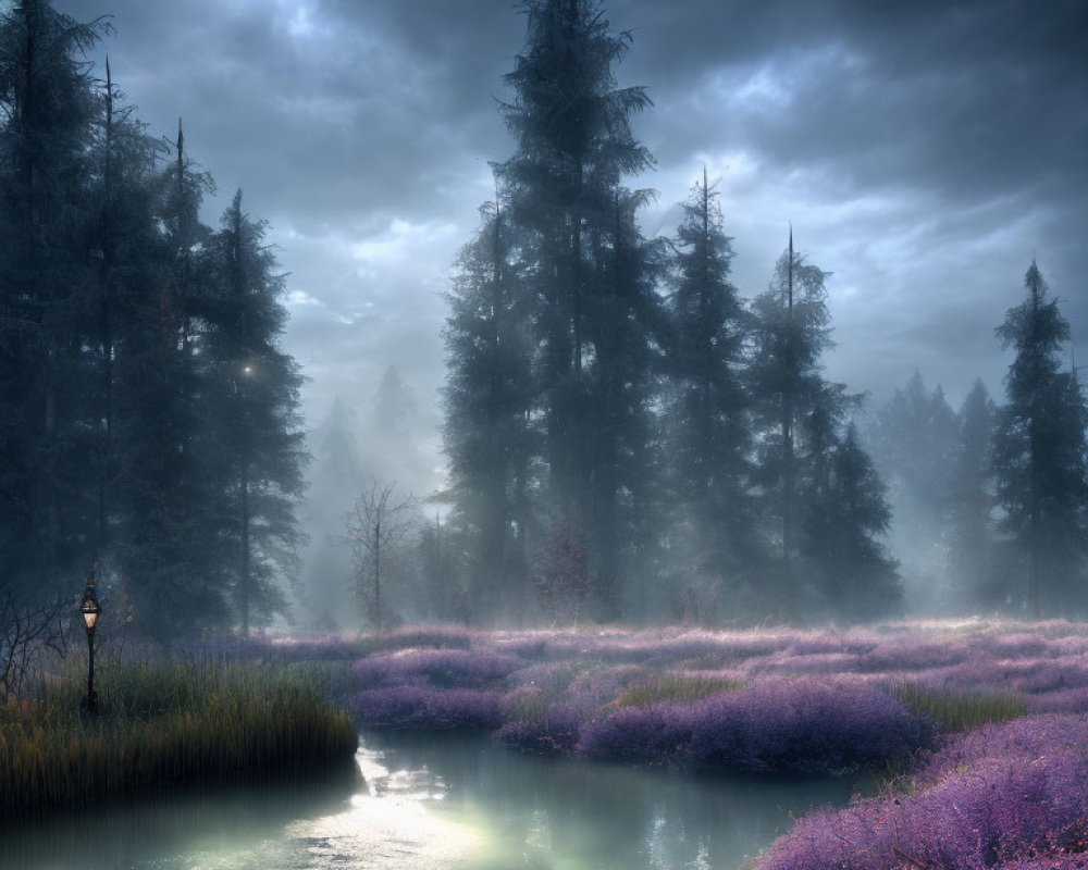 Tranquil twilight landscape of lamp-lit path through lavender field by river