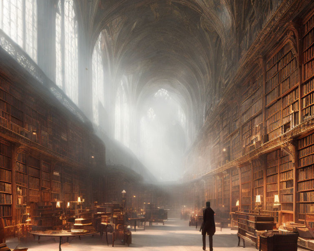 Person in ornate sunlit library with towering bookshelves and gothic architecture