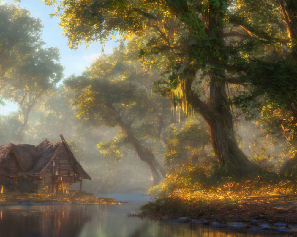 Tranquil forest landscape with thatched-roof cottage by river