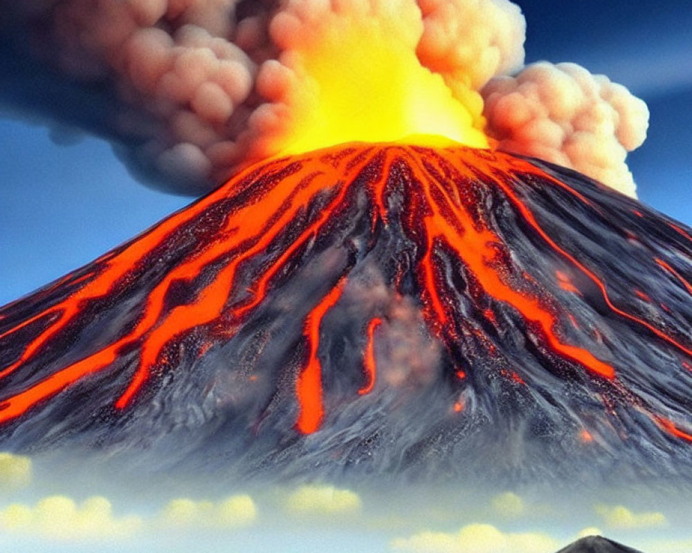 Detailed depiction of volcanic eruption with molten lava and smoke.