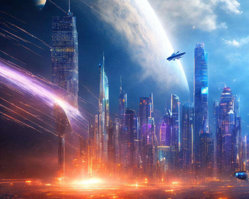 Futuristic night cityscape with skyscrapers, spaceship, vibrant lights, and large planet.