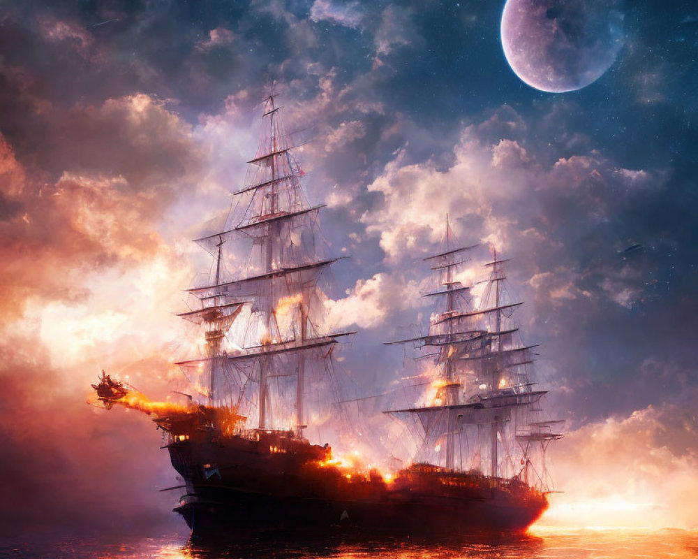 Sailing ship with unfurled sails under starry sky and luminous moon