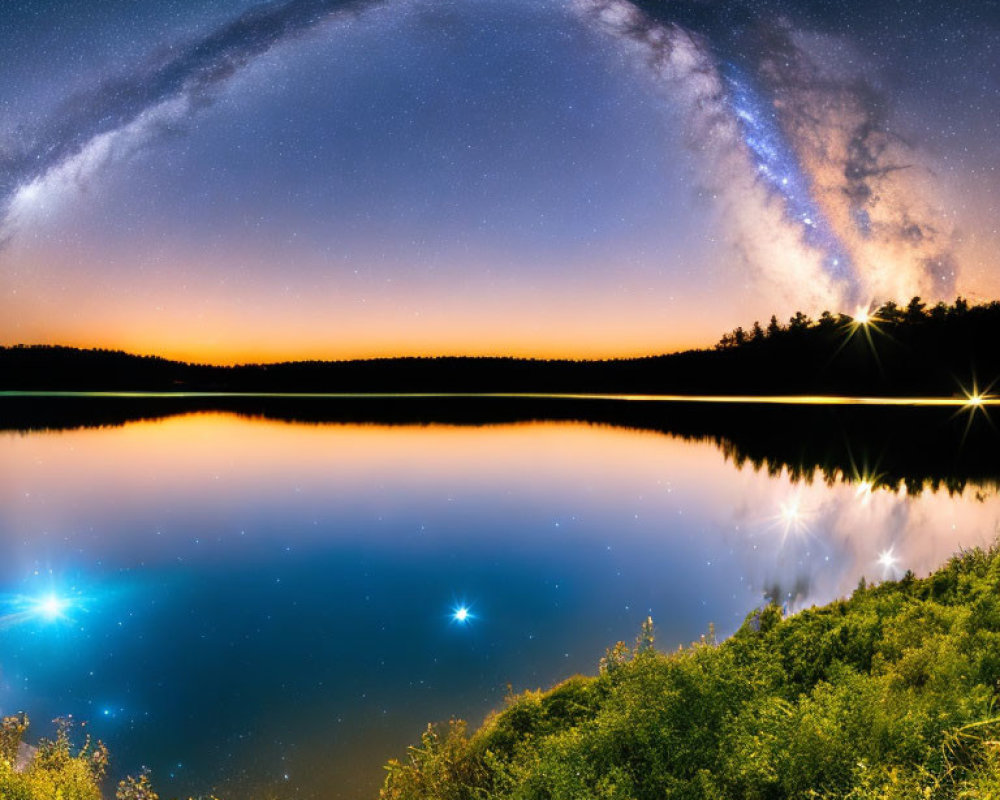 Panoramic night sky with Milky Way over tranquil lake and forested horizon