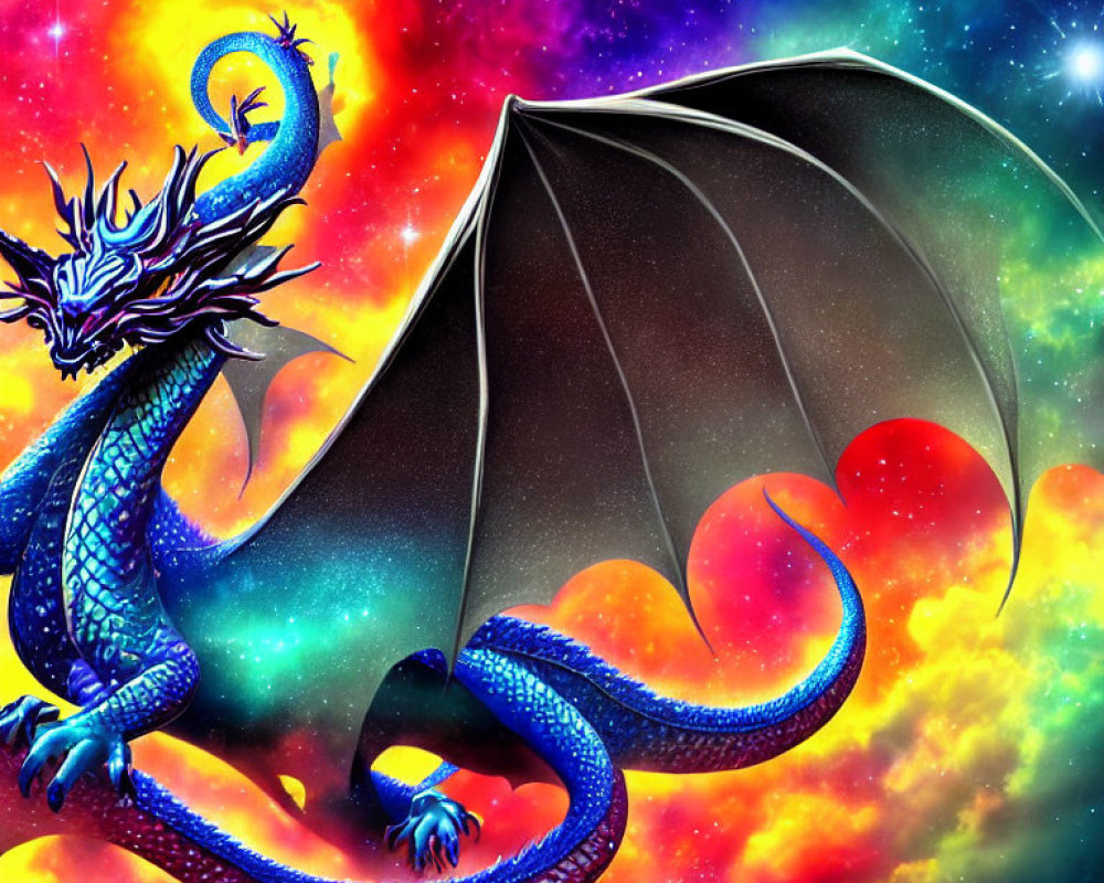 Blue dragon illustration with expansive wings in colorful nebula background