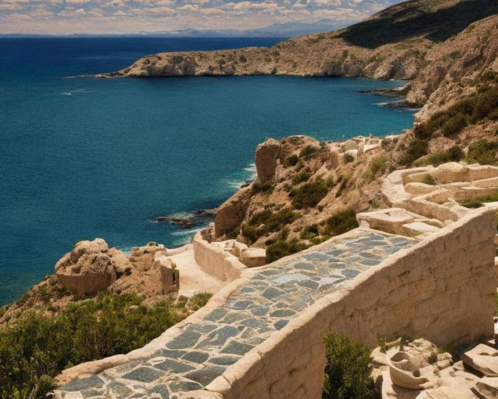 Coastal landscape with stone pathway, serene sea, arid hills, clear sky