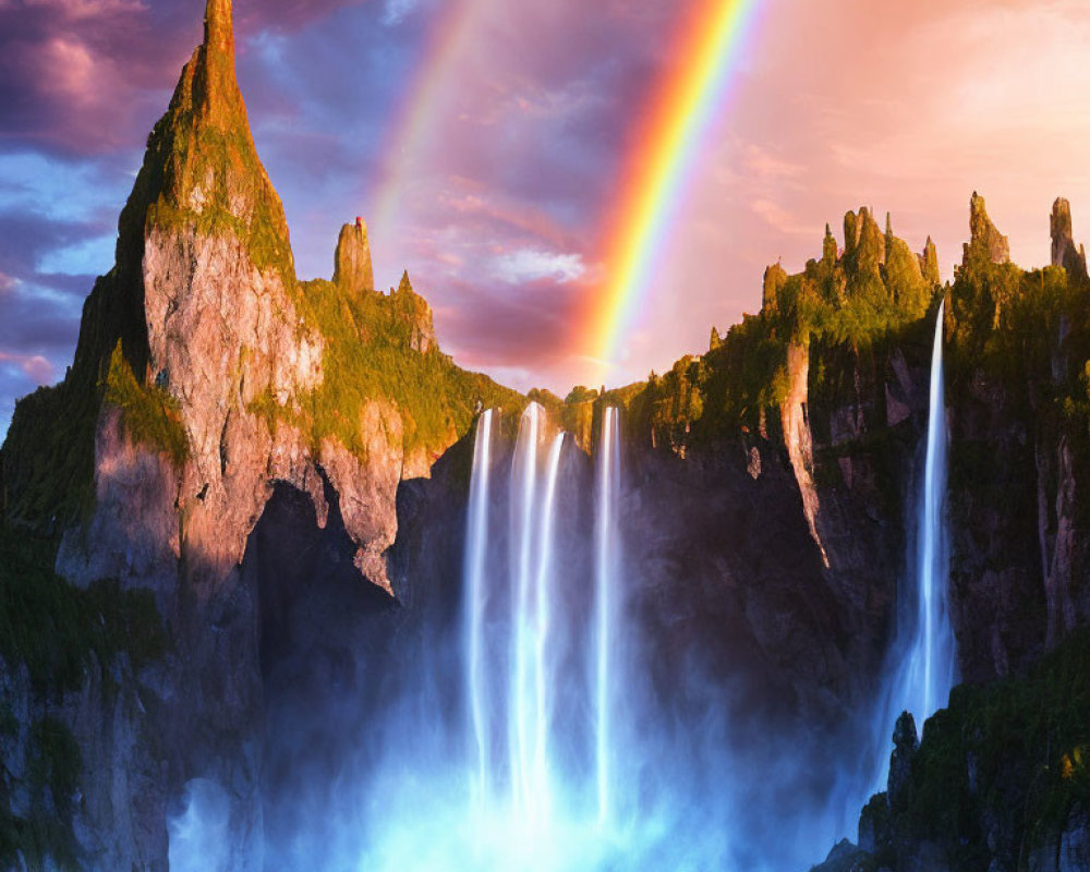 Double rainbow over waterfall cascading at sunset