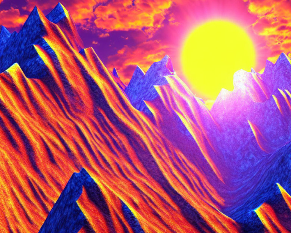 Colorful digital art: Orange and blue mountains under a purple sky with a yellow sun