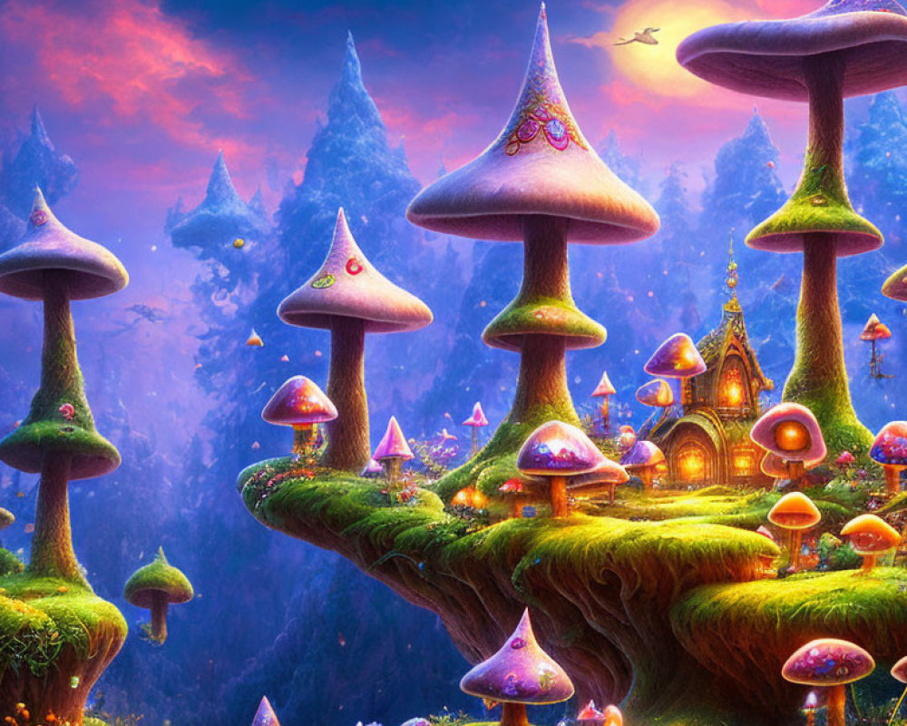 Vibrant ethereal forest with oversized mushroom trees and houses at dusk