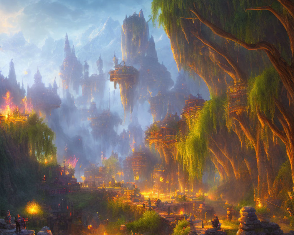 Mystical fantasy landscape with towering rock formations and illuminated ancient village