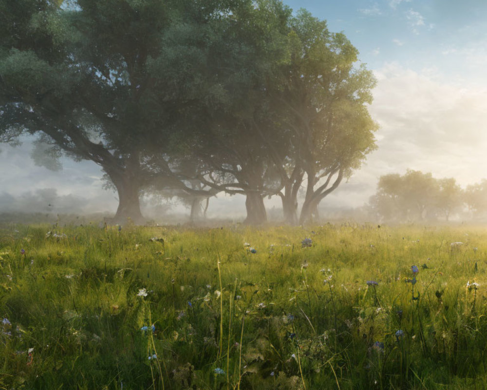 Serene misty morning scene in lush meadow with vibrant wildflowers