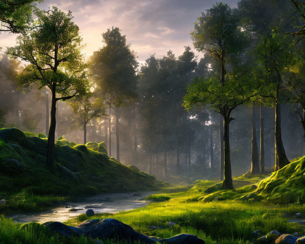 Sunlit forest scene with mossy ground and serene stream