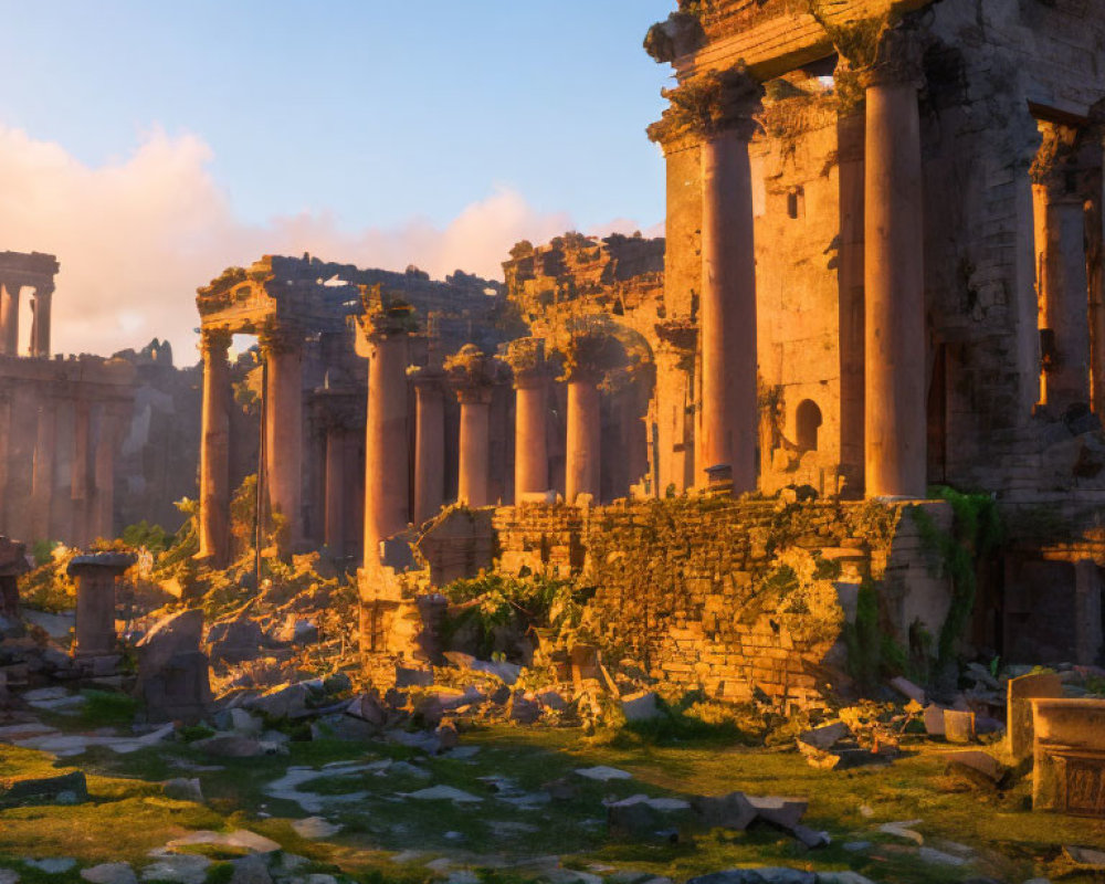 Ancient ruins with towering columns under clear blue sky