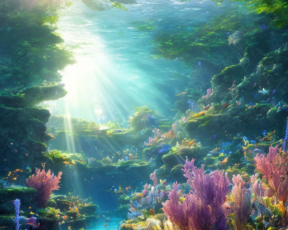 Underwater Scene with Vibrant Coral, Fish, and Aquatic Plants