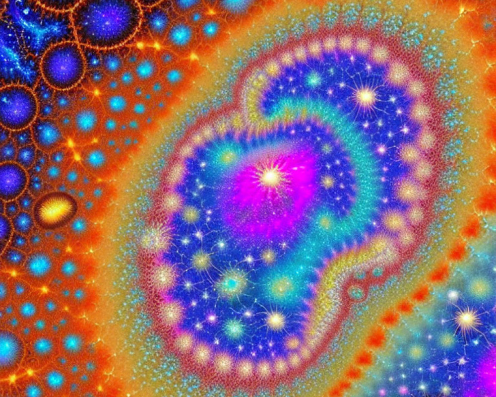 Vibrant fractal art with blue, orange, and purple swirls