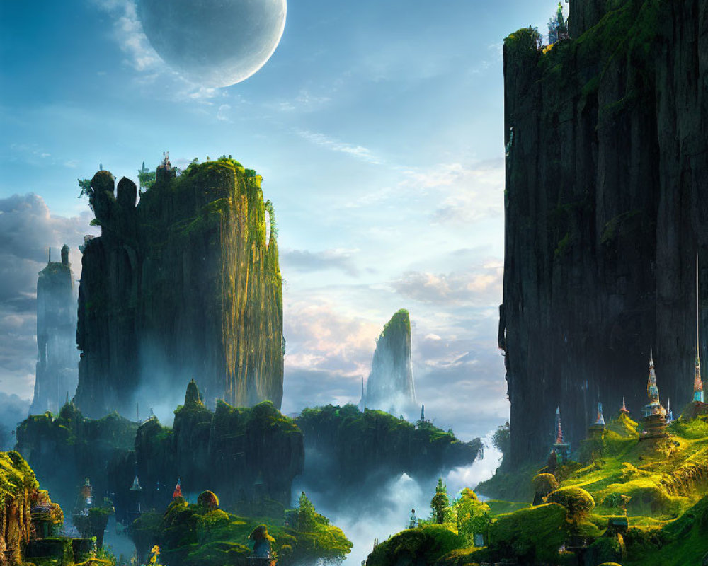 Fantasy landscape with towering cliffs and a large moon