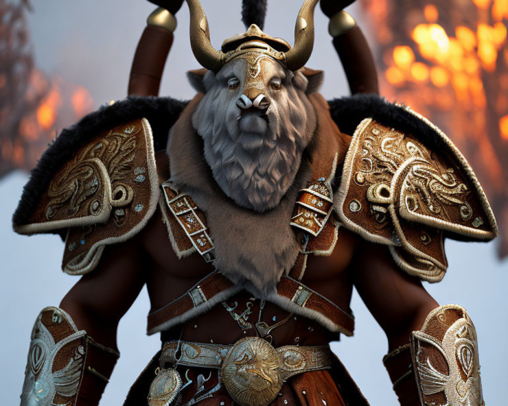 Anthropomorphic bull warrior in ornate armor with large horns and determined expression.