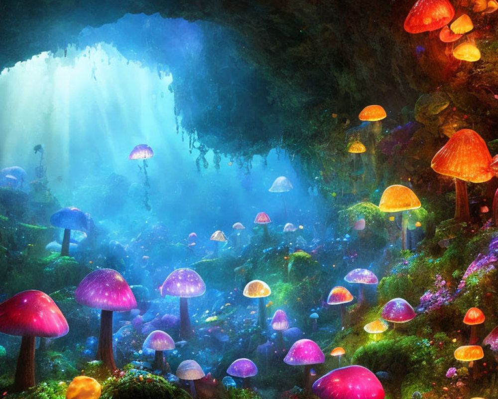 Colorful luminescent mushrooms in mystical forest cave opening