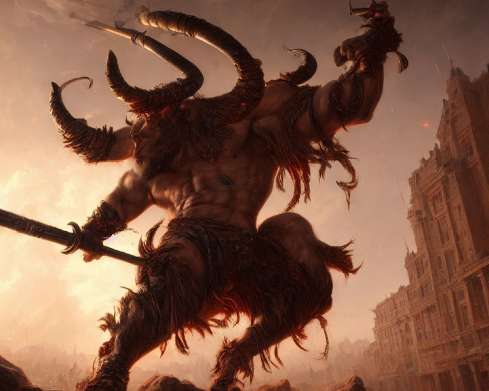 Muscular Minotaur with Spear in Apocalyptic Landscape