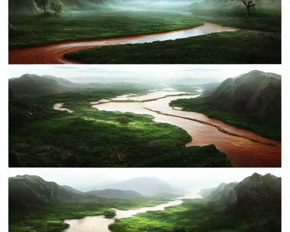 Three images: winding river in lush landscape from dawn to dusk