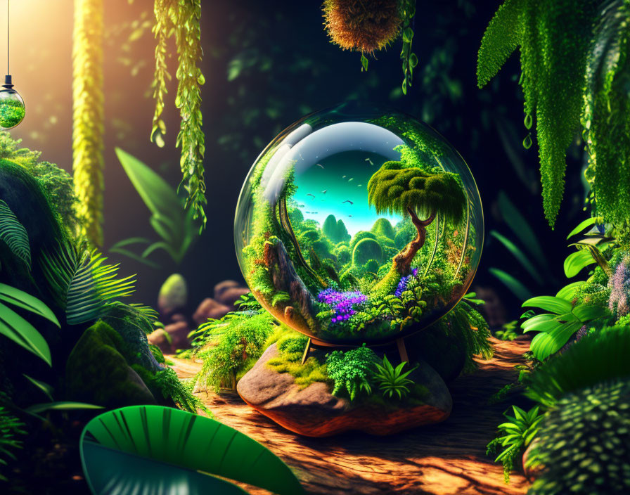 Whimsical forest scene with glass sphere and lush plants