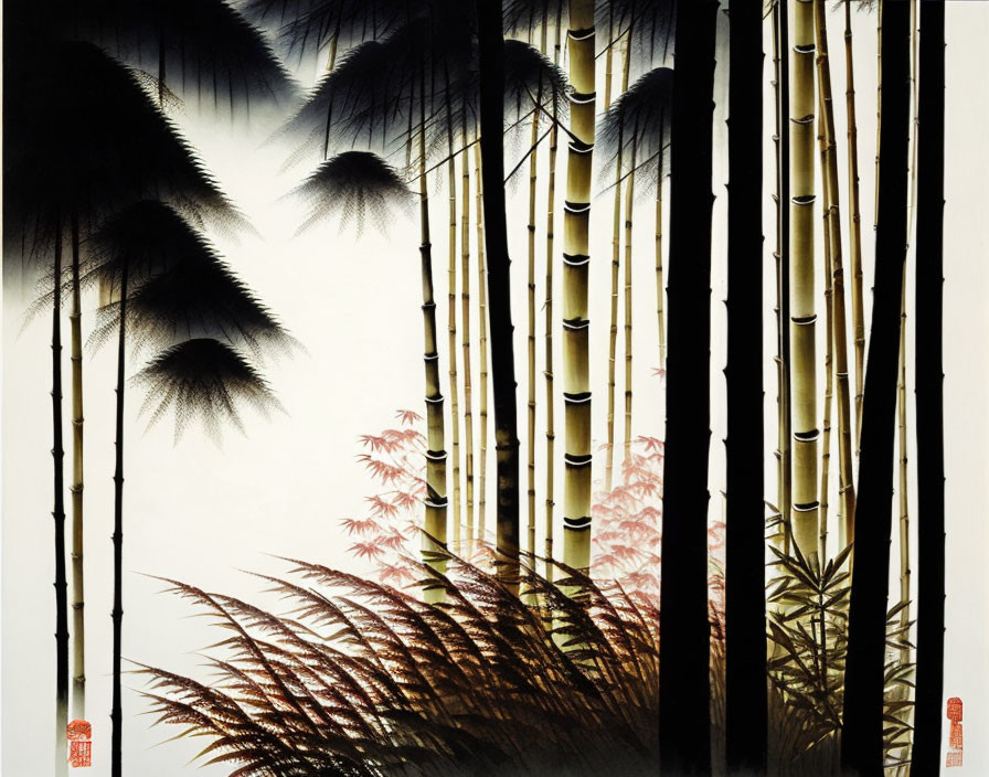 Ink painting of tall bamboo stalks and red foliage in serene Eastern landscape