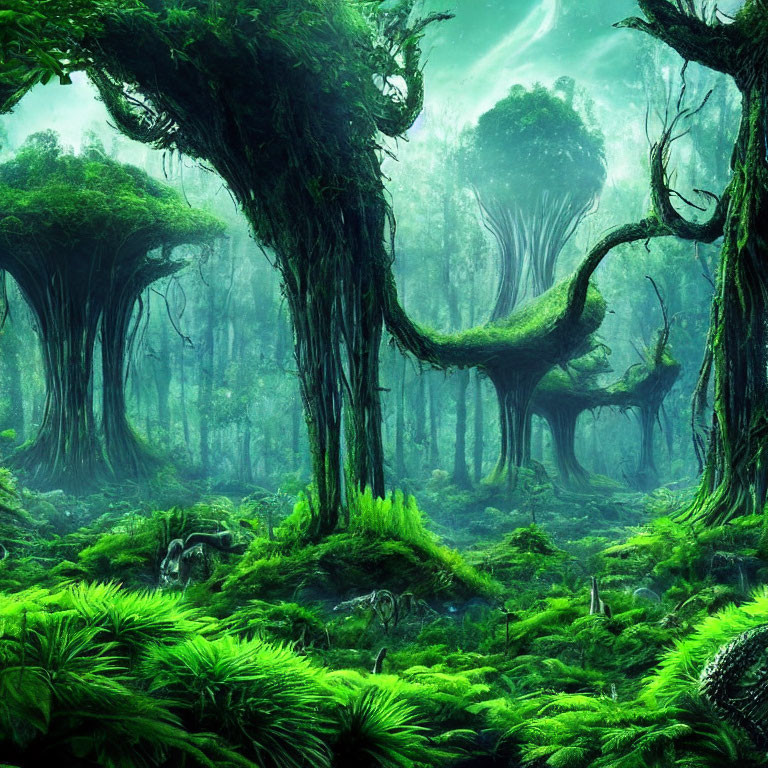 Moss-covered trees in misty green forest