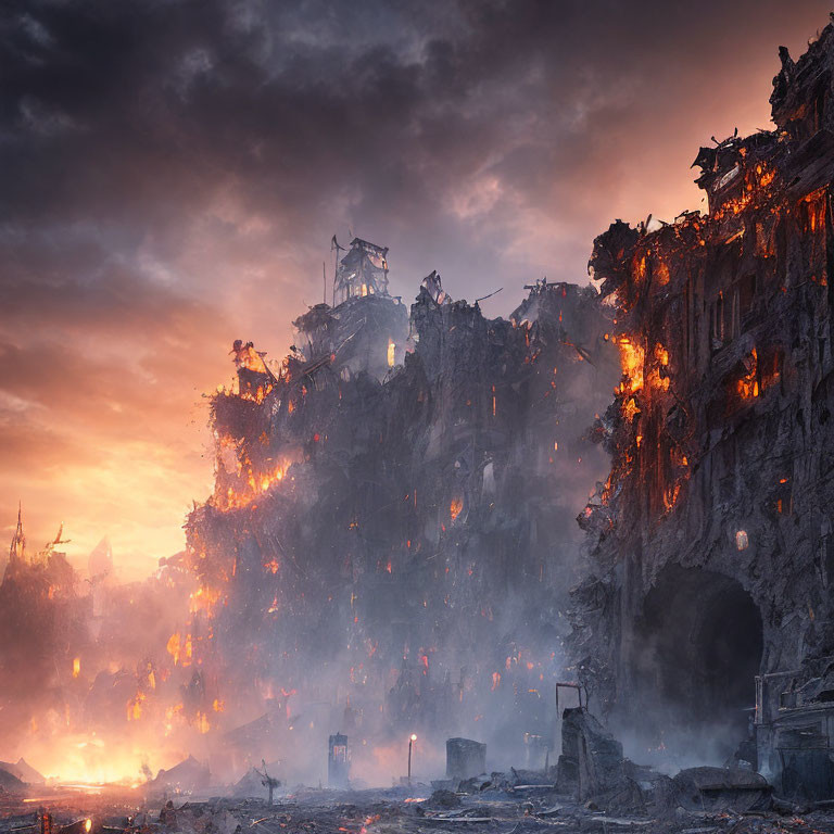 Dystopian ruin with crumbling buildings engulfed in flames at dusk