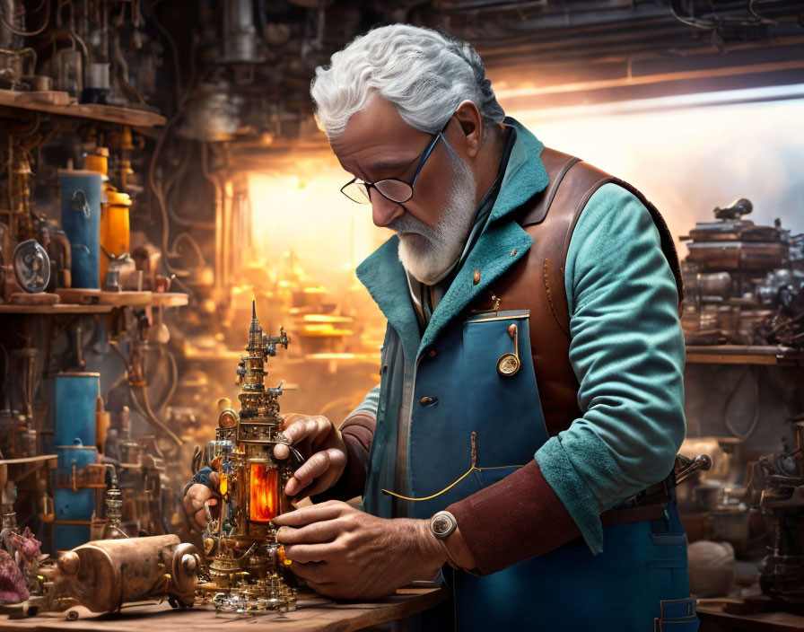 Elderly craftsman with white hair and beard crafting ornate mechanical object in workshop.