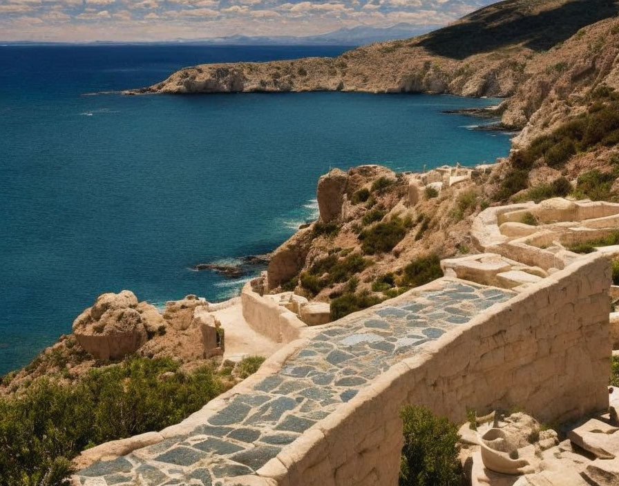 Coastal landscape with stone pathway, serene sea, arid hills, clear sky