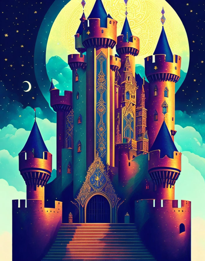 Fantastical digital illustration of ornate castle under starry sky