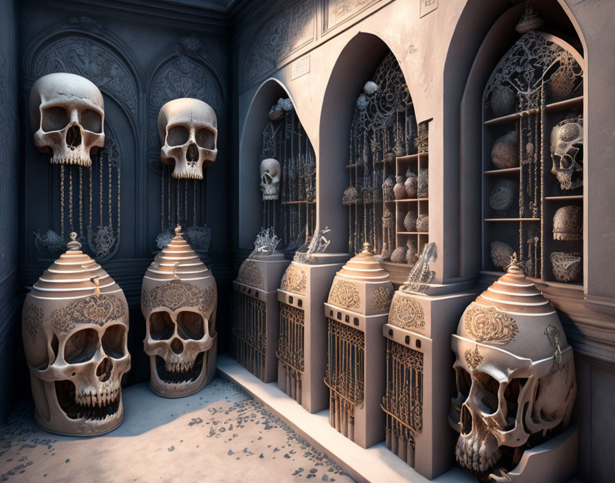 Gothic image: Large ornate skull structures, ironwork, petals in dimly lit chamber