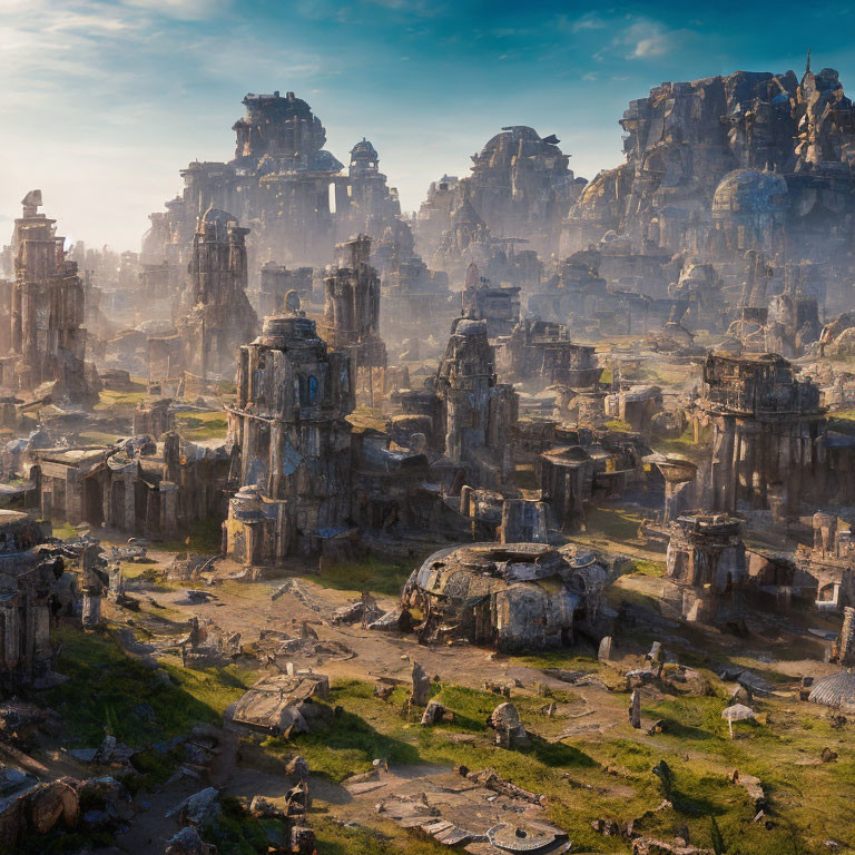 Ancient civilization ruins with towering stone structures and remnants of buildings under a hazy sky