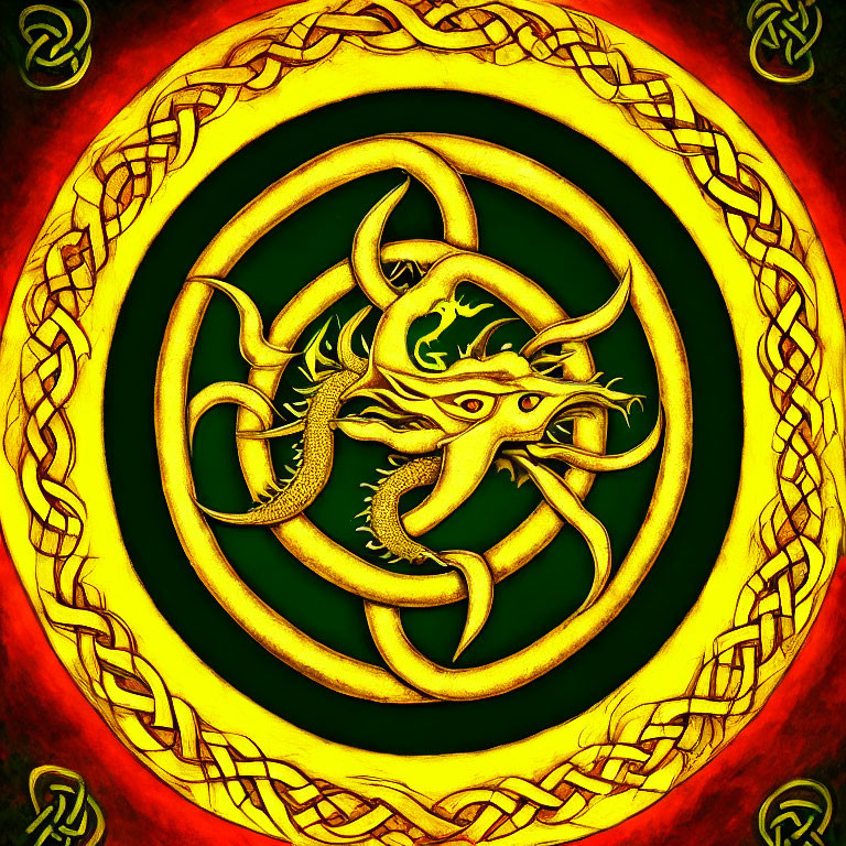 Circular dragon emblem with Celtic knot patterns in gold and red on green background