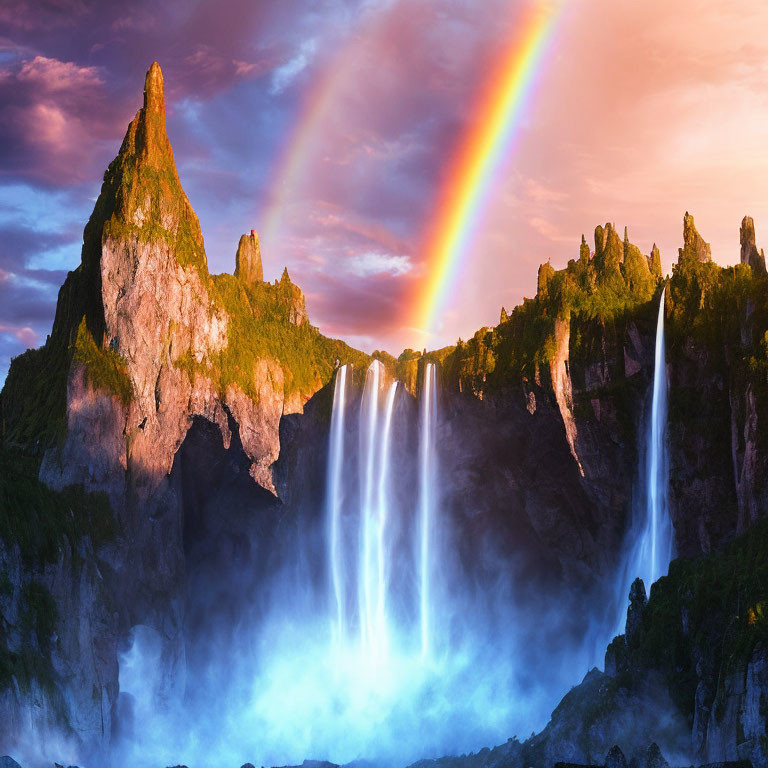 Double rainbow over waterfall cascading at sunset